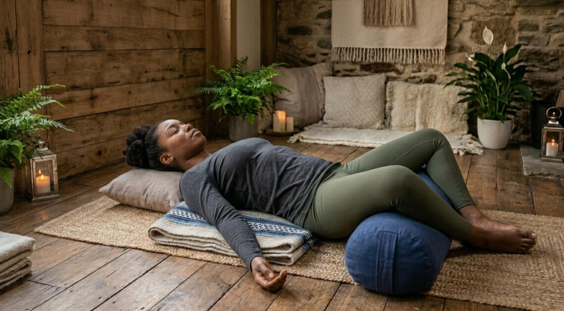 babbling brook restorative posture woman in babbling brook restorative yoga posture