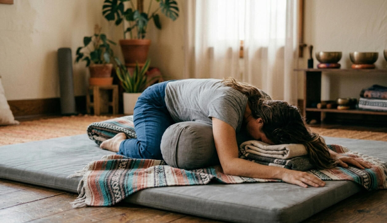 restorative yoga posture women in supported child's pose
