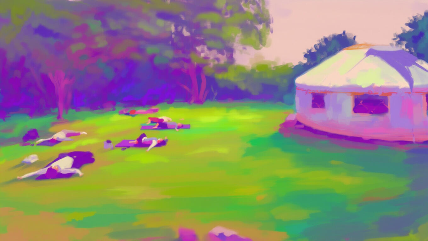 women doing yoga next to yurt